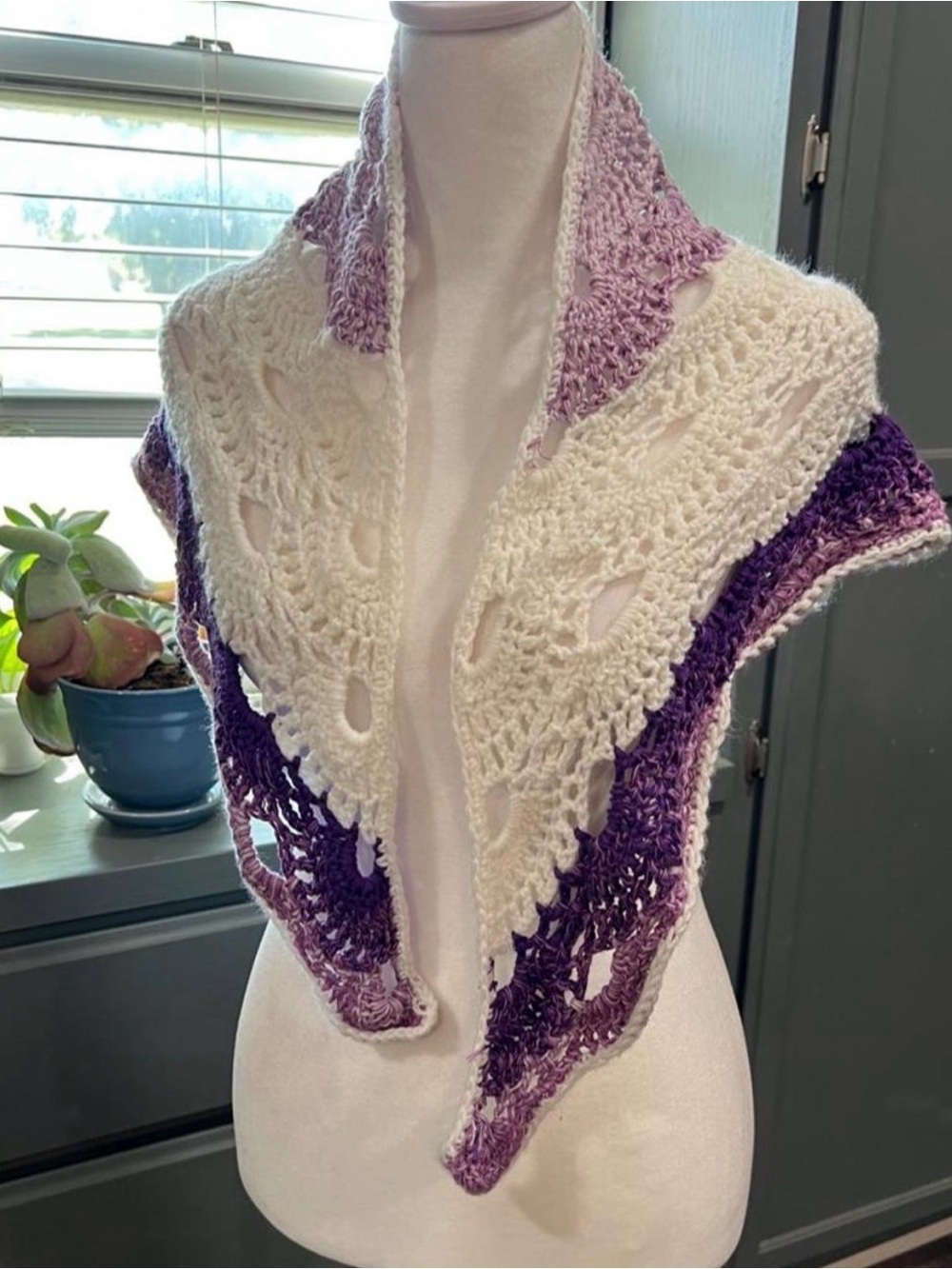 Handcrafted White and Purple Crochet Shawl Collar Sweater Wrap